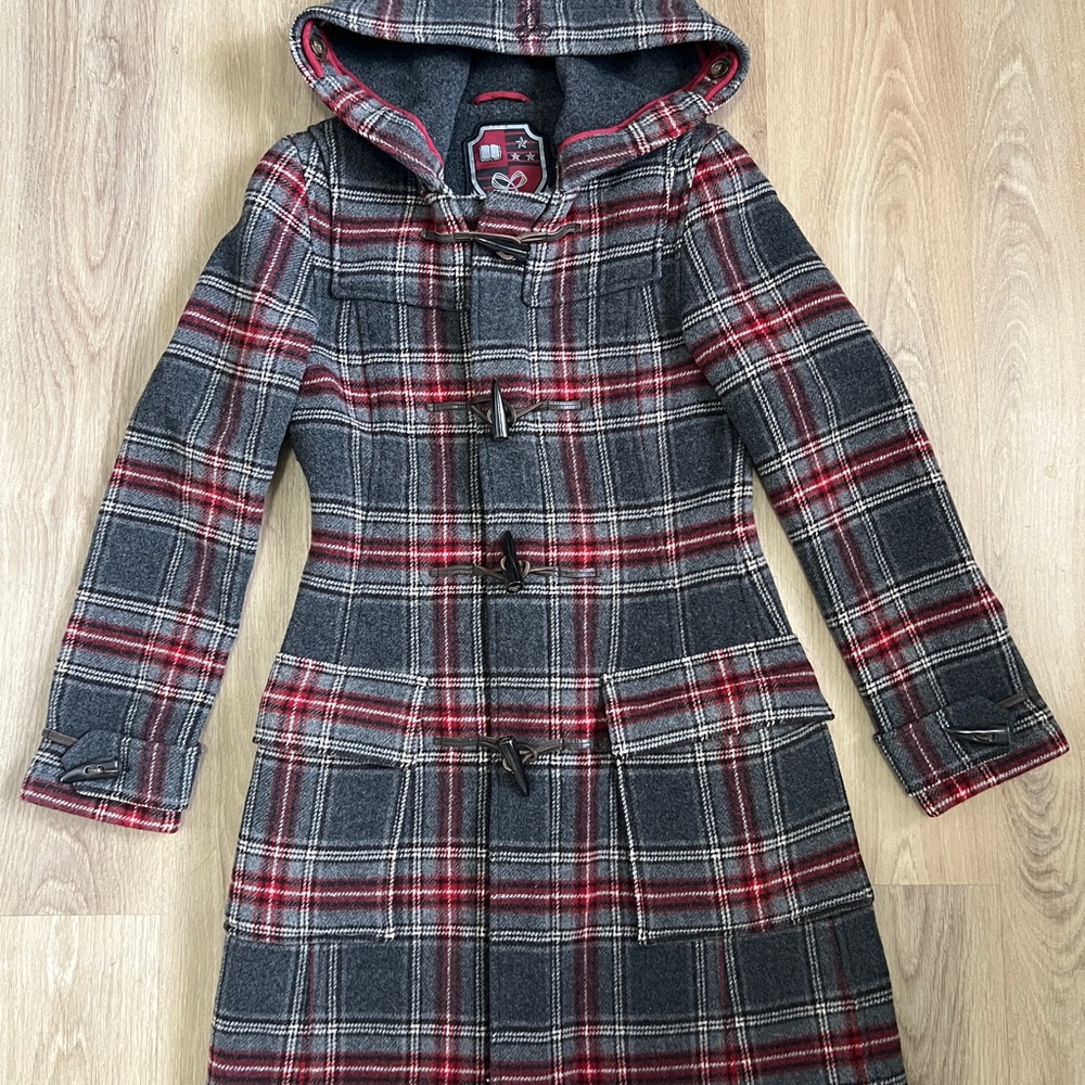TNA Gray and Red Plaid Hooded Duffle Coat